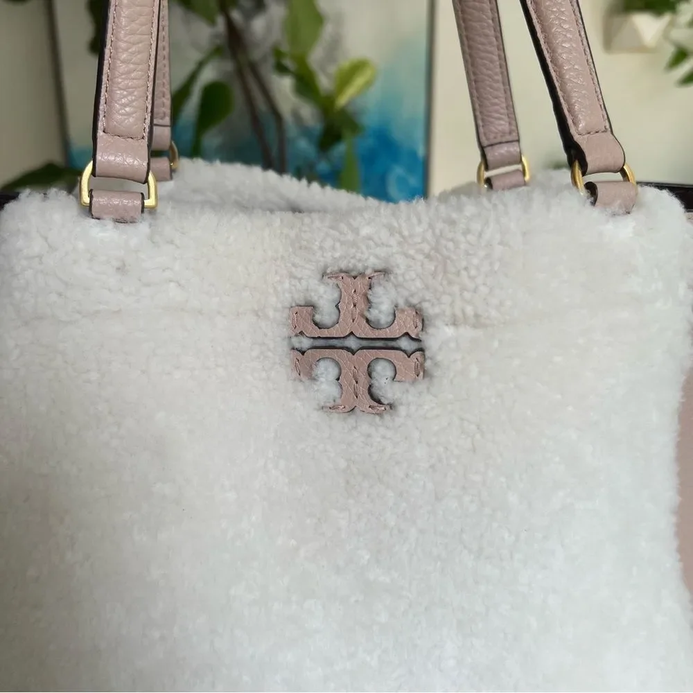 Tory Burch McGraw Shearling Fleece Fur & Leather Tote Bag Sand Beige Pink Ivory